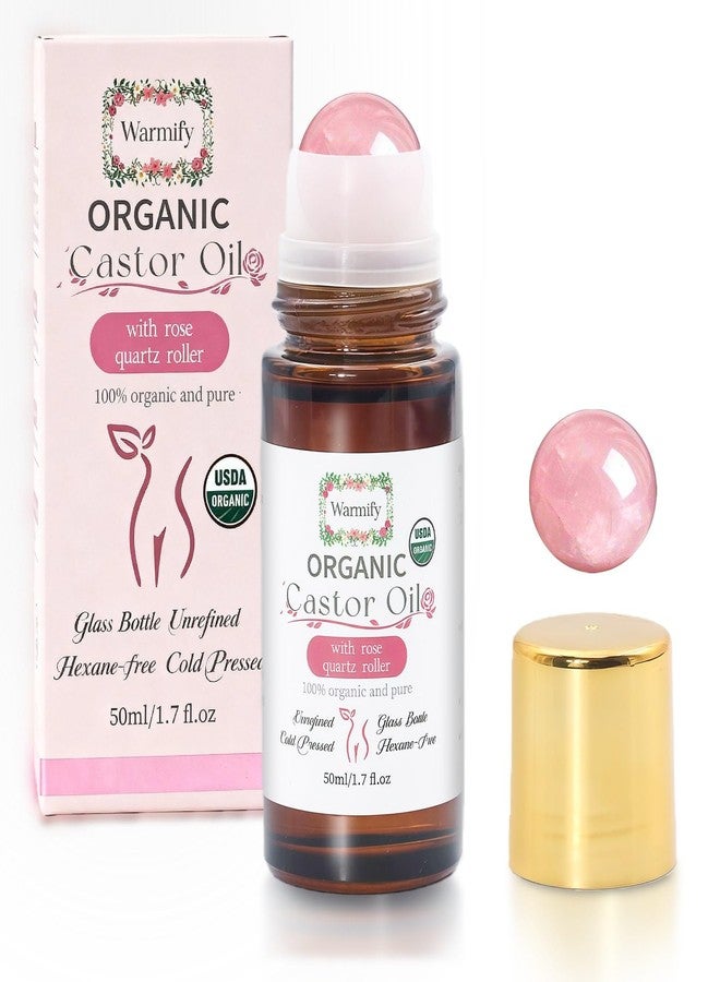 Warmify Organic Castor Oil with Rose Quartz Roll On for Body 50ml Large Bottle, Crystal Roller for Skin Moisturizing, Stretch Marks & Dry Areas, Cold-Pressed, Hexane-Free, Relaxing Self-Care Gifts for Women - Image 1